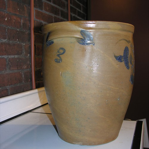 Crock size was often marked on the vessel. Earlier crocks, like this 3 gallon one, had painted marks. Look for a 3 in the upper left corner. Collection of the Johnstown Area Heritage Association, Johnstown, PA.  Visit them at www.jaha.org.