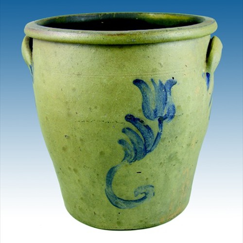 The hand painted flower—a tulip, perhaps?—provides a decorative element to this stoneware crock by Swank. Collection of the Johnstown Area Heritage Association, Johnstown, PA. Visit them at www.jaha.org.