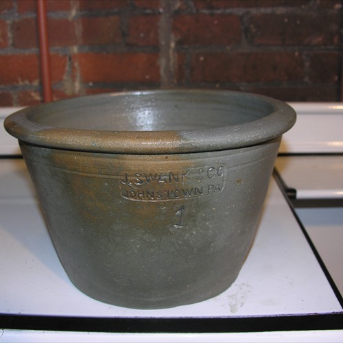 Not all containers were decorated, as this shapely 1 gallon bowl or crock by Swank demonstrates. Collection of the Johnstown Area Heritage Association, Johnstown, PA. Visit them at www.jaha.org.