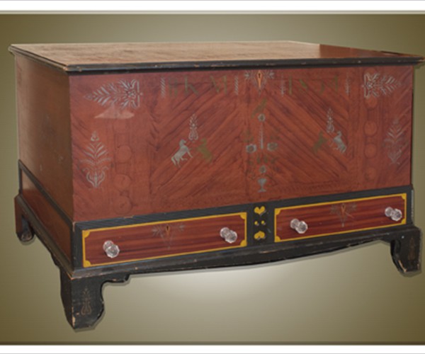This handsome blanket chest was made for Barbara Kaufman (1837-1922) by John Sala. The paired heart motif and stenciled horses seem to have been his favorite design. Private collection. Photo credit: Rick Povich.